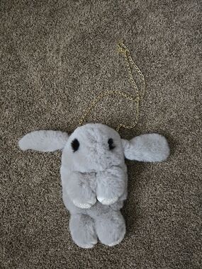 Plush Bunny Crossbody Bag in Light Gray with Gold Chain